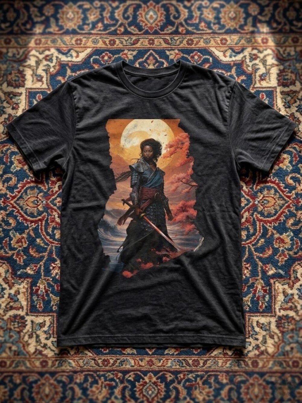 Black Female Samurai Warrior Graphic T-Shirt Japanese Cherry Blossom Unisex NWT